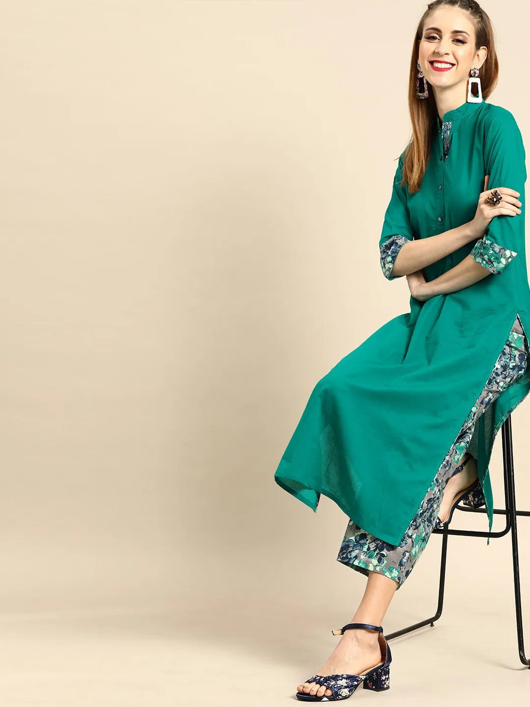 Women Green Three-Quarter Sleeves Straight Straight Kurta With Palazzo