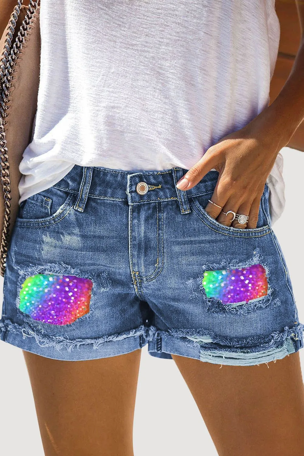 Women Ripped Short Jeans Distressed Ombre Patchwork Denim Shorts