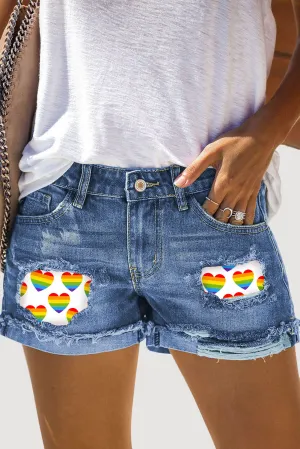 Womens Rainbow Heart Print Jeans Shorts Distressed Ripped Rolled Hem Denim Shorts