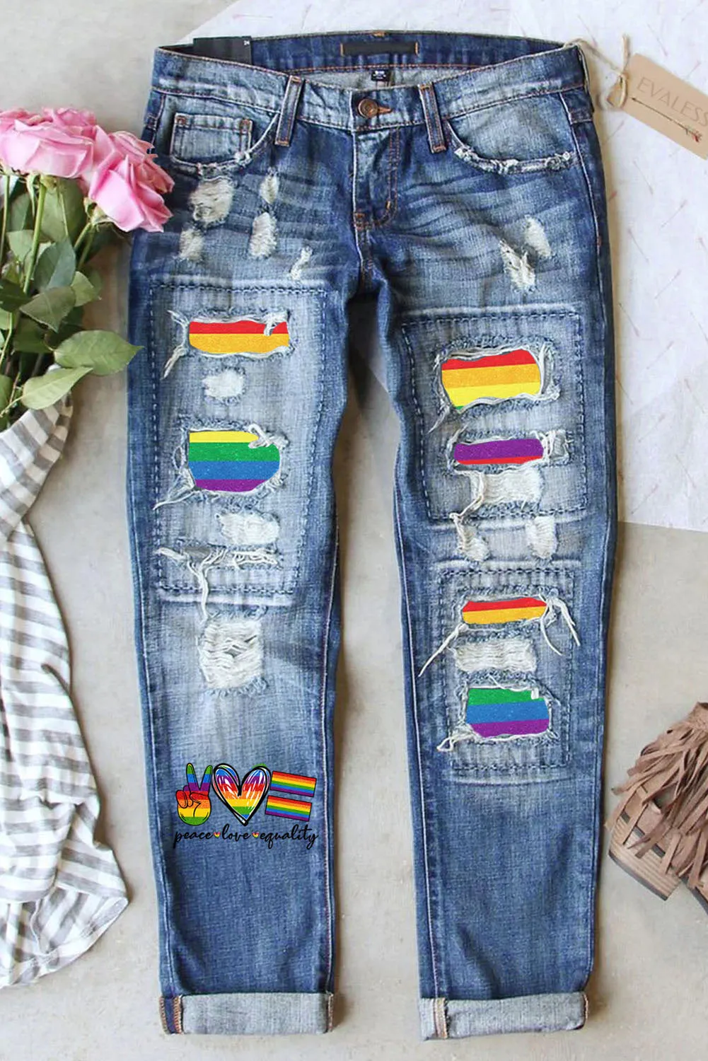 Women's Rainbow Striped Denim Pants Ripped Boyfriend Jeans