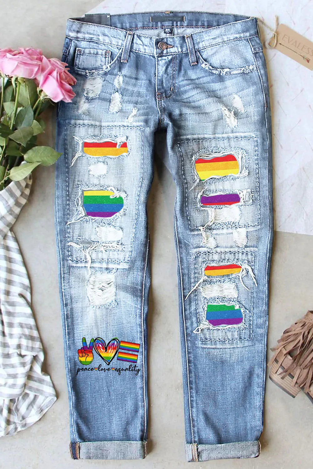 Women's Rainbow Striped Denim Pants Ripped Boyfriend Jeans