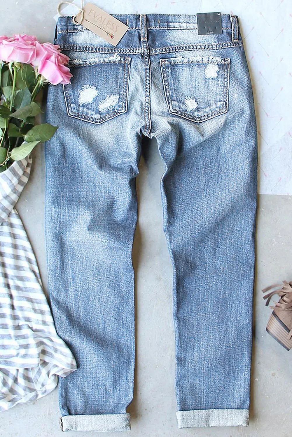 Women's Rainbow Striped Denim Pants Ripped Boyfriend Jeans