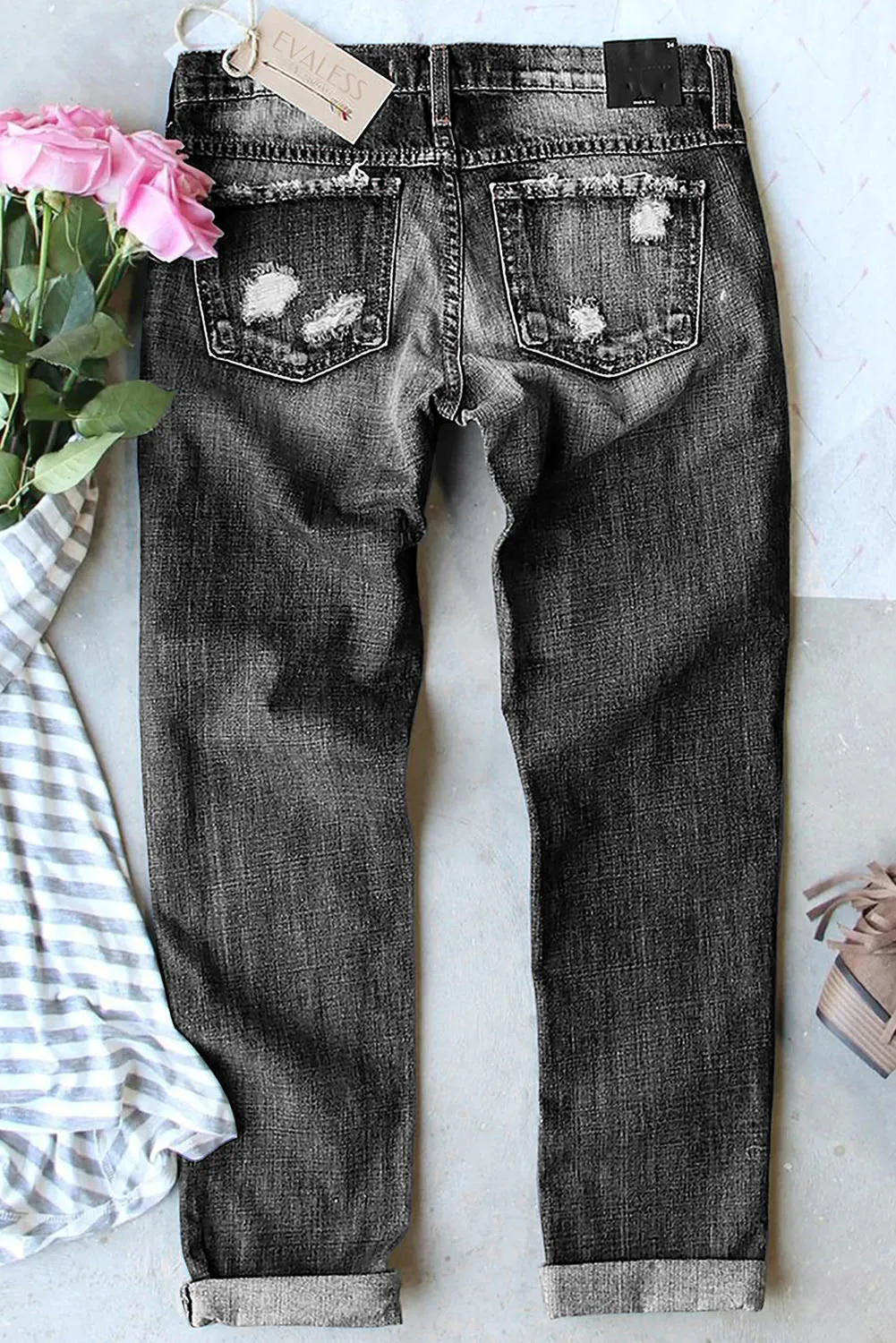 Women's Rainbow Striped Denim Pants Ripped Boyfriend Jeans